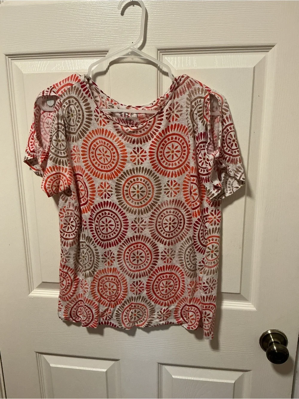 LOFT Linen Blend Medallion Print Puff Sleeve Top Large Boho
